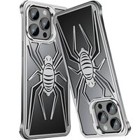 Husa de Protectie Compatibila iPhone 15 Pro Max, cu Suport Metalic pentru Camera, Armor Protective Series, Vafy, Antisoc, Protectie de Metal pe Margini, Model Paianjen, Negru Gri
