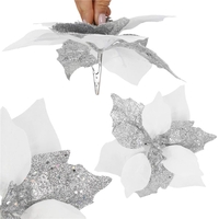 Set 5 ornamente pentru bradul de Craciun, stea Poinsettia, 23cm, alb argintiu