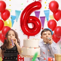 Balon din Folie Metalizata Flippy, Figurina Cifra, Tema Aniversare 80 cm, Ambalaj Individual, Pai inclus, Umflare cu Aer sau Heliu, Rosu, Cifra 6