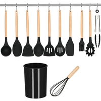Set Sersimo 12 ustensile de bucatarie din silicon termorezistent si maner din bambus, negru