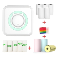 Mini Imprimanta Foto Portabila, Flippy, 5 Role de Hartie Termica, 5 Role Autocolante, 3 Role Colorate, Pixuri, Incarcare USB, Model Pisica, Alb Verde