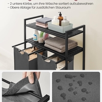 VASAGLE Cos de rufe, cu 2 saci detasabili, 2 rafturi, capacitate de 46L per sac, 73x33x92cm , negru si gri