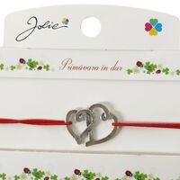 Martisor Bratara cu 2 Noduri, Jolie, Snur Rosu, Model Inimioare, Elastica, Dimensiune Reglabila, Ambalata Individual, Rosu/Argintiu