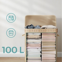 SONGMICS Cos de rufe din bambus cu capac 100L, sac textil detasabil, 55x35x61 cm, bej natur