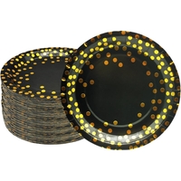 Set 10 Farfurii Unica Folosinta, Flippy, Imprimeu cu Buline, din Carton, Diametru 23 cm, Negru/Auriu