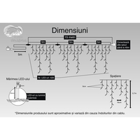 Instalatie Craciun, 15 m, 429 Led-uri ,Franjuri, Albastru, Flash, Transformator cu telecomanda, Interconectabila, Prelungitor 5 m inclus, Fir Alb, Vafy