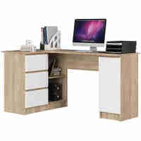Birou colt stanga in L cu 3 sertare si rafturi, PAL laminat 16 mm, 155x85x77 cm, stejar sonoma si alb