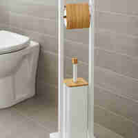 Suport WC cu perie 5Five Natureo, cu suport hartie igienica, metal si bambus, 20x20x80 cm, alb
