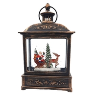 Decoratiune Craciun, Tip Felinar, Figurine Mos Craciun cu Sania, 3 Moduri, Functie Muzicala, Zapada in Miscare, Functioneaza Cu Baterii ( 3 x AA neincluse), Cablu USB (Inclus), Model Vintage Negru - Auriu, 15 x 8.1 x 22.5 cm, Alb Cald