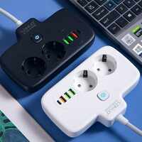 Adaptor Priza, Vafy, 6 in 1, 2 Prize Standard, 3 Porturi USB, 1 Port Tip C, Buton Oprire, 2500W, din PC, Alb