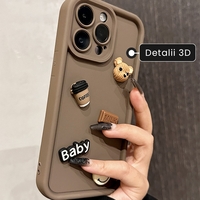 Husa de Protectie, Vafy, pentru Apple iPhone 12, Model Ursuleti 3D, Antisoc, Rezistenta la Impact, Protectie Camera, Maro