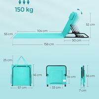 SONGMICS Set 2 sezlonguri plaja pliabile, spatar reglabil in 4 pozitii, tetiera, buzunar depozitare, 158x55 cm, albastru turqoise