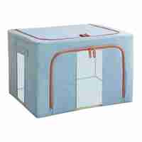 Cutie de Depozitare Pliabila, Flippy, 66 L, din Bumbac si In, 50x40x33 cm, 2 Ferestre, Frontala si Laterala, 2 Usi de Acces cu Fermoar Bidirectional, Cadru Metalic, Suport Baza Stabil din Plastic, Bleu