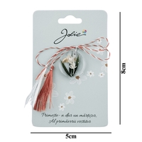 Martisor Traditional din Acril, Jolie, Model Rotund Floare Alba, cu Snur Impletit Alb/Rosu, Pandantiv 2 cm