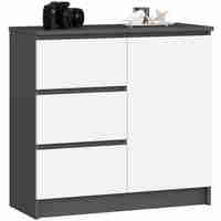 Comoda JERRY cu 3 sertare si dulap cu rafturi, PAL laminat, 80x35x77 cm, gri grafit si alb