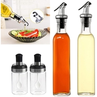 Sticle si Borcane de Ulei de Masline, Vafy, Dozator Set 4 Bucati, 2 Sticle cu Dispenser 500 ml/buc, 2 Borcane pentru Condimente cu Capac si Lingura 120ml/buc, Transparent