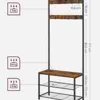 VASAGLE Cuier pentru haine cu banc de depozitare a pantofilor, cadru din otel, 32x70x177cm, industrial, maro rustic si negru