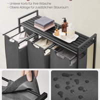 VASAGLE Cos de rufe, 3 compartimente, saci de rufe detasabili, raft, cadru metalic, 3x38L, 93x33x72 cm, negru