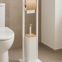 Suport WC cu perie 5Five Natureo, cu suport hartie igienica, metal si bambus, 20x20x80 cm, alb