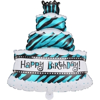 Balon din Folie Metalizata, Flippy, Model Tort cu 4 Straturi, Balon Aniversar, Model Happy Birthday, 62x43 cm, Ambalaj Individual, Pai inclus, Umflare cu Aer sau Heliu, Albastru
