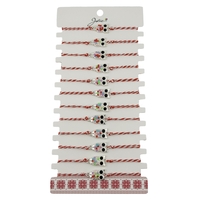 Bratara Martisor pentru Dama, Jolie, Model Bufnita, Set 12 bucati, Pandativ Argintiu din Inox cu Elemente Multicolore, Snur Alb/Rosu