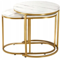 Set 2 mese pentru cafea, cadru otel, blat MDF model marmura, 50x50x50 cm si 60x32x44 cm, alb si auriu