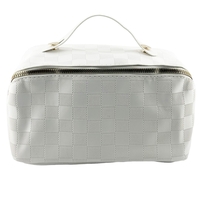 Geanta de Calatorie Flippy, Pentru Cosmetice, Portabila, Impermeabila, din Piele Ecologica, Compartimente Multiple, cu Fermoar, 22 x 13 x 12.5 cm, In Carouri, Alb