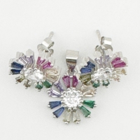 Set Bijuterii Dama Argint 925, Jolie, Model Flori Multicolore cu Mijloc Alb, Petale Drepte, 5.43 g, Multicolor/Argintiu