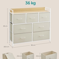 SONGMICS Comoda cu 7 sertare textile, cadru metalic si blat din PAL, design industrial, 98x29x85 cm, alb crem