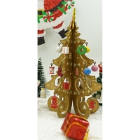 Decoratiune Craciun, Brad, Auriu, 6 cavitati cu ornamente, 12 cm x 20 cm, Lemn, Flippy