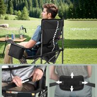 SONGMICS Scaun pliabil camping premium cu spatar inalt si sezut buretat, suport bauturi si buzunar termo, 200 kg, 63x95x100 cm, negru