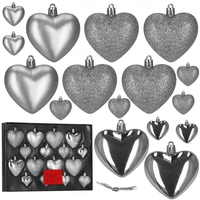Set globuri decorative in forma de inima, 16 bucati, plastic, 4-7 cm, argintiu