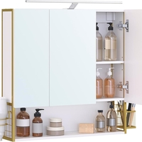 VASAGLE Dulap de baie de perete, 3 usi cu oglinda, compartiment deschis, 15x70x70 cm, alb auriu