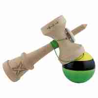 Kendama X Originala, Profesionala, Flippy, Super Sticky cu Cupe Mari KING SIZE V3, Gaura in Baza, Rulment Metalic, din lemn 18 cm, Ata 62/65 cm, Galben/Negru/Verde