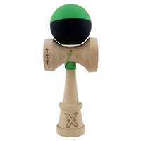 Kendama X Originala, Profesionala, Flippy, Cupe Mari KING SIZE V3, Rubber Grip, Gaura in Baza, Rulment Metalic, din lemn 18 cm, Ata 62/65 cm, Bicolor Verde/Negru