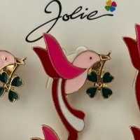 Set 12 Brose Martisor Primavara, Jolie, Model Pasare cu Trifoi in Cioc, Roz