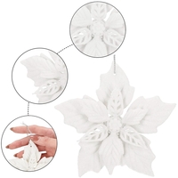 Set 10 flori de Craciun 12 cm, ornamente cu sclipici, plastic, alb