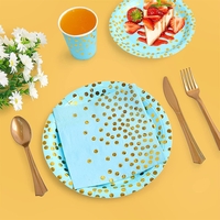 Set 10 Farfurii Unica Folosinta, Flippy, Imprimeu cu Buline, din Carton, Diametru 18 cm, Albastru/Auriu
