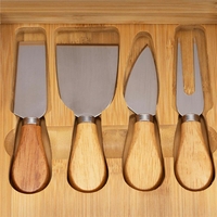 Set servire branzeturi cu platou din bambus si sertar glisant, 33x33x4 cm, maro natur