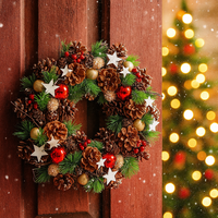 Coronita decorativa cu frunze si conuri, diametru 35 cm, multicolora