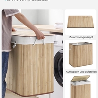 SONGMICS Cos de rufe din bambus, pliabil, cu captuseala detasabila lavabila, 3 compartimente, 150L, 60x40x60cm, natural