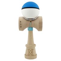Kendama X Originala, Profesionala, Flippy, Cupe Mari KING SIZE V3, Rubber Grip, Gaura in Baza, Rulment Metalic, din lemn 18 cm, Ata 62/65 cm, S Bicolor Albastru/Alb