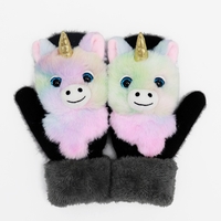 Manusi pentru Copii, Vafy, din Plus cu Umplutura de Bumbac, Protectie Termica, 24 x 20 x 3 cm, Model Unicorn 3D, Roz/Negru