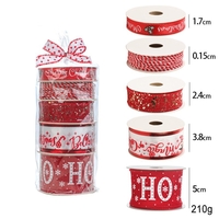 Panglica Decorativa cu Tematica de Craciun, Flippy, Set din 4 bucat + 1 Rulon Ata Rosie Alba, Panglica pentru Cadou de Craciun Brad si Decor, 2 M per bucata, Model HO HO HO, Rosu