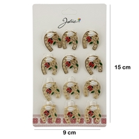 Set 12 Brose Martisor Primavara Potcoava cu Ghiocel si Buburuza, Jolie, Brose din Metal, Aspect Lacuit, 2 x 2 cm per Unitate, Auriu
