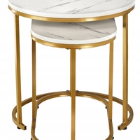 Set 2 mese pentru cafea, cadru otel, blat MDF model marmura, 50x50x50 cm si 60x32x44 cm, alb si auriu