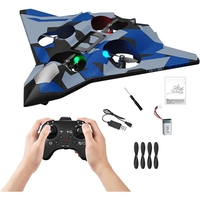 Avion de Lupta cu Telecomanda, Flippy, Tip Drona, din EVA (Spuma), cu Telecomanda, Incarcare USB, 2.4 GHz, Rotire 360°, Zbor pana la 100 m, LED, 24 x 25.5 x 4.2 cm, Model Army, Albastru