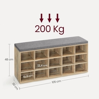 VASAGLE Banca pantofi cu sezut si perna, 15 compartimente deschise, PAL, 105x30x48 cm, gri stejar