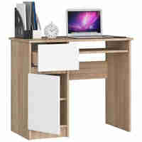 Birou computer PIKSEL, cu sertar, dulap si raft pentru tastatura, stanga, 90x50x77 cm, stejar sonoma si alb