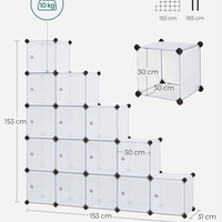 SONGMICS Unitate de depozitare cu 16 cuburi, pentru pantofi sau haine, personalizabil, 31x123x123 cm, alb transparent